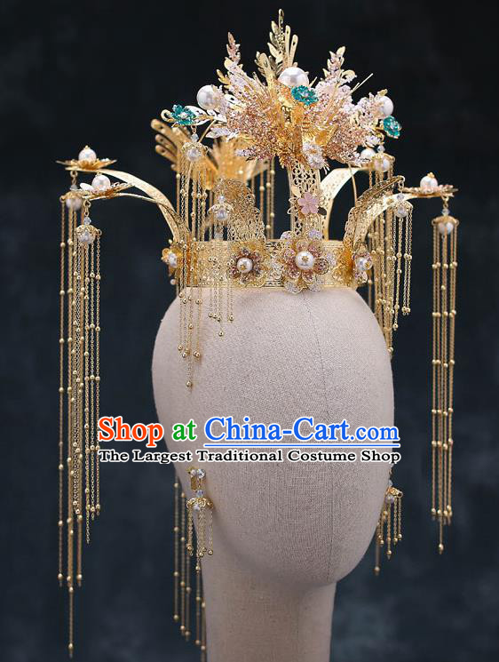 Chinese Traditional Wedding Phoenix Coronet Bride Handmade Tassel Hairpins Hair Accessories Complete Set for Women