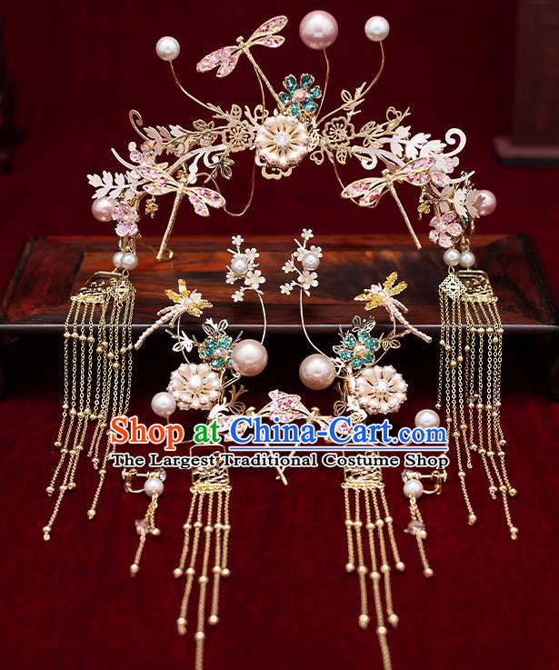 Chinese Traditional Bride Tassel Dragonfly Hair Clasp Handmade Hairpins Wedding Hair Accessories Complete Set for Women