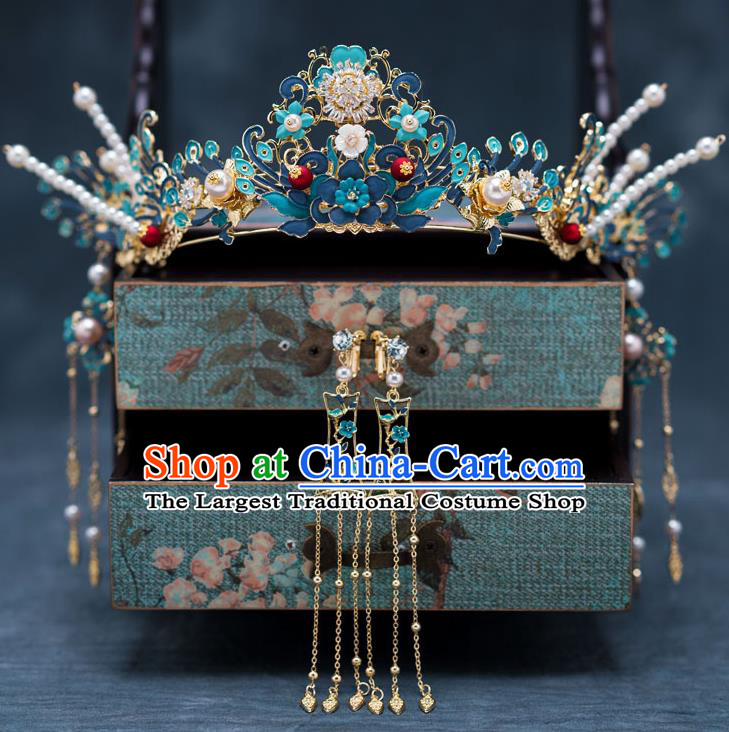 Chinese Traditional Bride Cloisonn Hair Crown Handmade Hairpins Wedding Hair Accessories Complete Set for Women