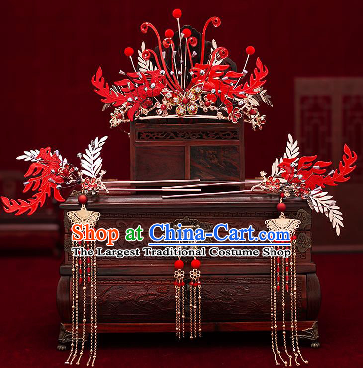Chinese Traditional Bride Red Phoenix Coronet Handmade Hairpins Wedding Hair Accessories Complete Set for Women