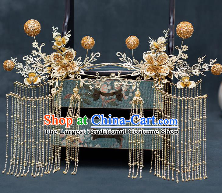 Chinese Traditional Bride Golden Tassel Hair Comb Handmade Hairpins Wedding Hair Accessories Complete Set for Women