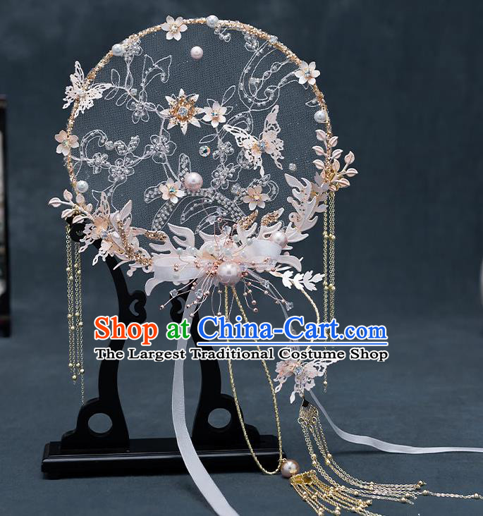 Chinese Traditional Wedding Pink Butterfly Palace Fans Ancient Bride Prop Round Fan for Men