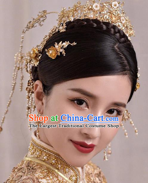 Chinese Traditional Bride Golden Phoenix Coronet Handmade Hairpins Wedding Hair Accessories Complete Set for Women