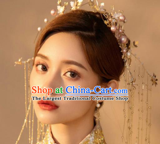 Chinese Traditional Bride Golden Tassel Step Shake Handmade Hairpins Wedding Hair Accessories Complete Set for Women