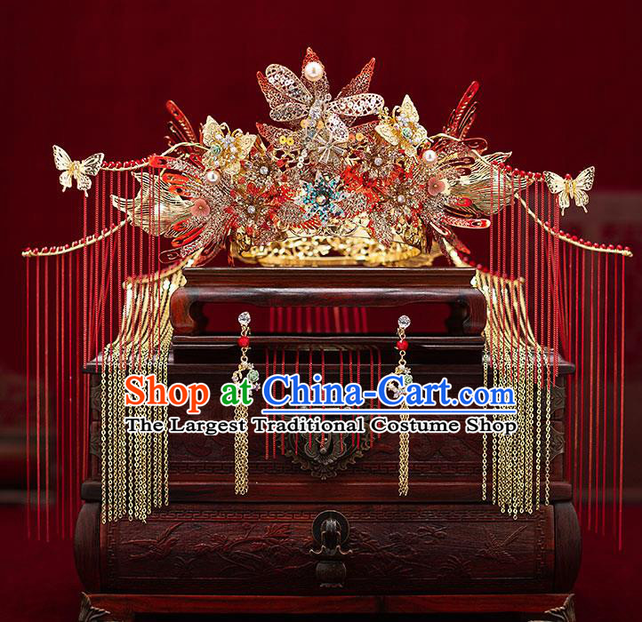 Top Chinese Traditional Wedding Golden Dragonfly Phoenix Coronet Bride Handmade Tassel Hairpins Hair Accessories Complete Set