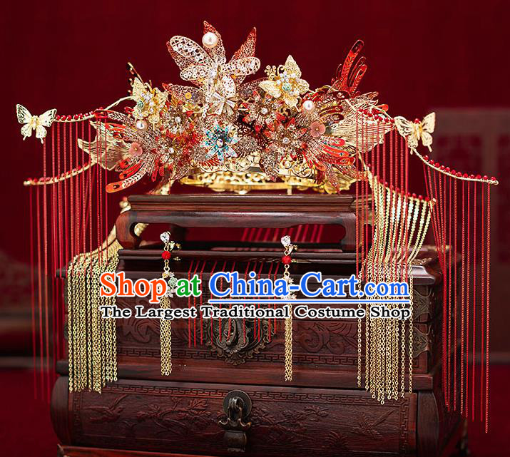 Top Chinese Traditional Wedding Golden Dragonfly Phoenix Coronet Bride Handmade Tassel Hairpins Hair Accessories Complete Set