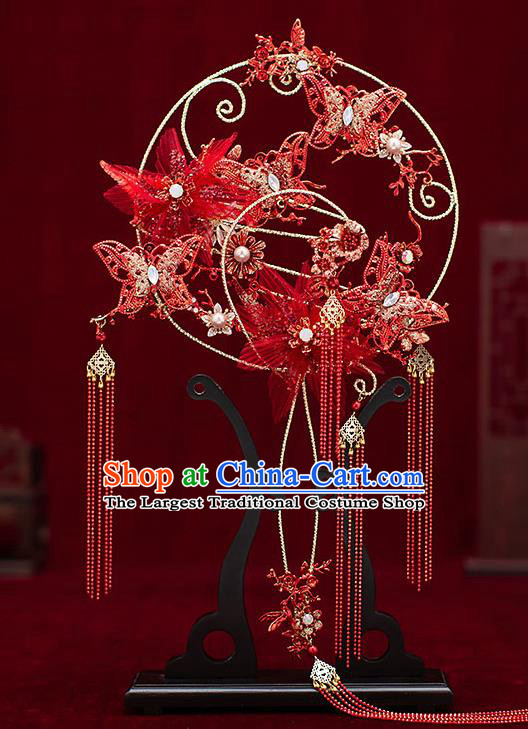 Chinese Traditional Wedding Red Flower Butterfly Palace Fans Ancient Bride Prop Round Fan for Women