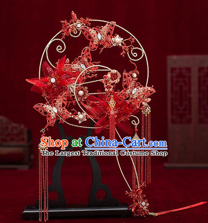 Chinese Traditional Wedding Red Flower Butterfly Palace Fans Ancient Bride Prop Round Fan for Men