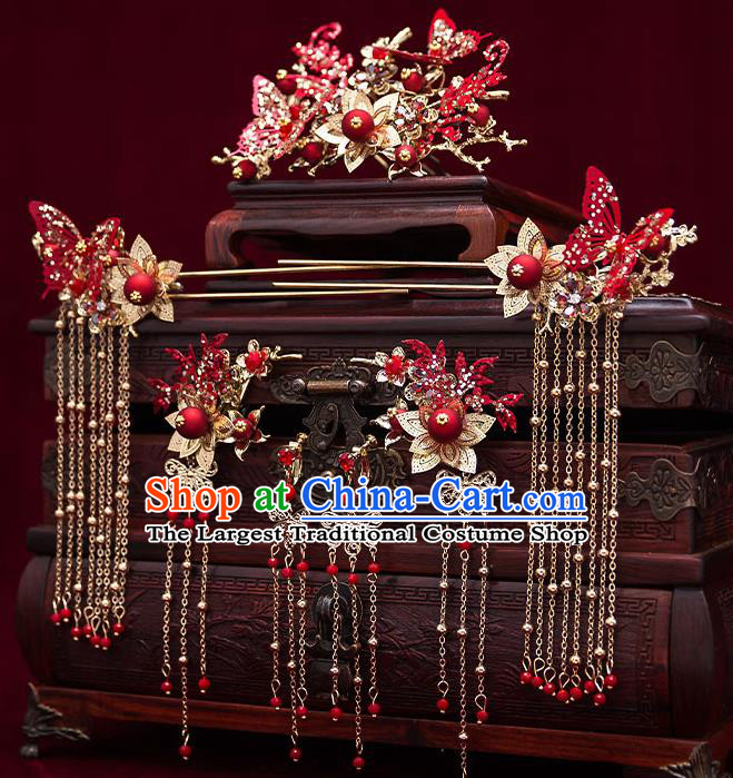 Top Chinese Traditional Wedding Red Butterfly Hair Comb Bride Handmade Tassel Hairpins Hair Accessories Complete Set
