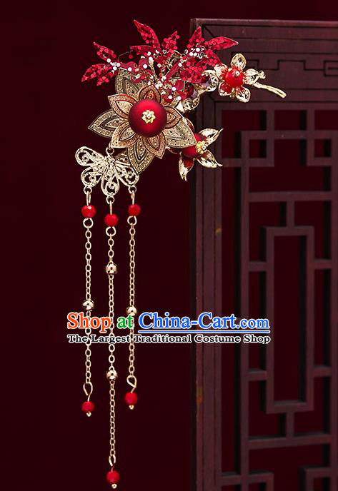 Top Chinese Traditional Wedding Red Butterfly Hair Comb Bride Handmade Tassel Hairpins Hair Accessories Complete Set