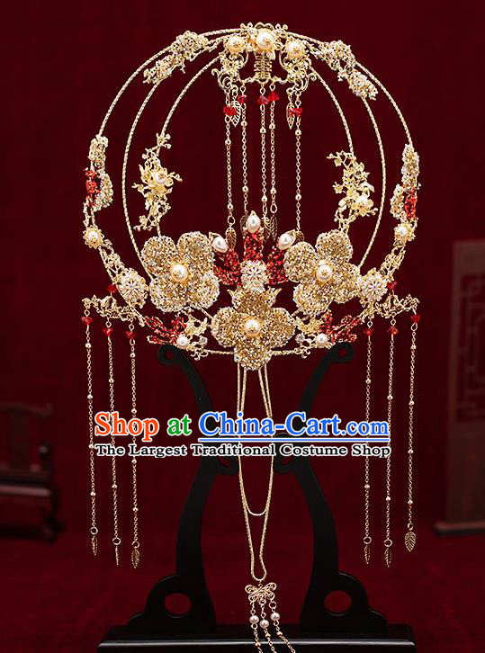 Chinese Traditional Wedding Golden Crystal Flower Palace Fans Ancient Bride Prop Round Fan for Women