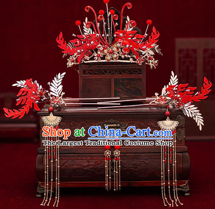 Top Chinese Traditional Wedding Red Phoenix Hair Crown Bride Handmade Tassel Hairpins Hair Accessories Complete Set