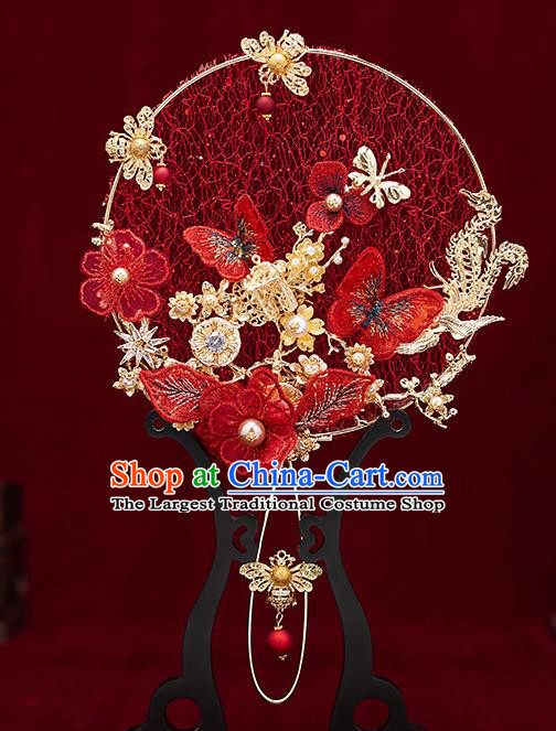 Chinese Traditional Wedding Red Lace Butterfly Palace Fans Ancient Bride Prop Round Fan for Women
