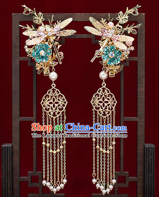 Top Chinese Traditional Wedding Dragonfly Hair Claws Bride Handmade Tassel Hairpins Hair Accessories Complete Set