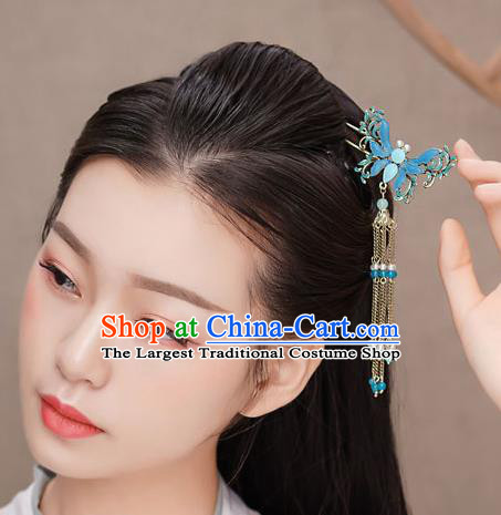 Top Chinese Traditional Blue Butterfly Hair Clip Handmade Hanfu Tassel Hairpins Hair Accessories for Women