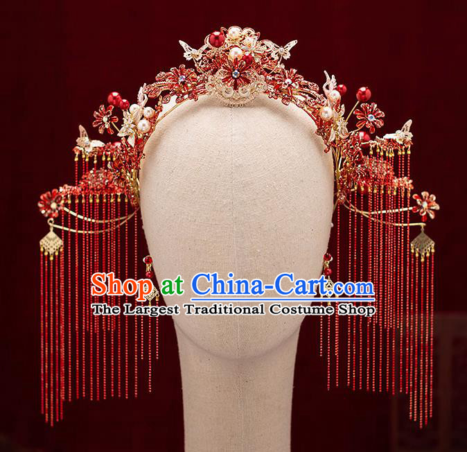 Top Chinese Traditional Wedding Red Flowers Hair Crown Bride Handmade Tassel Hairpins Hair Accessories Complete Set