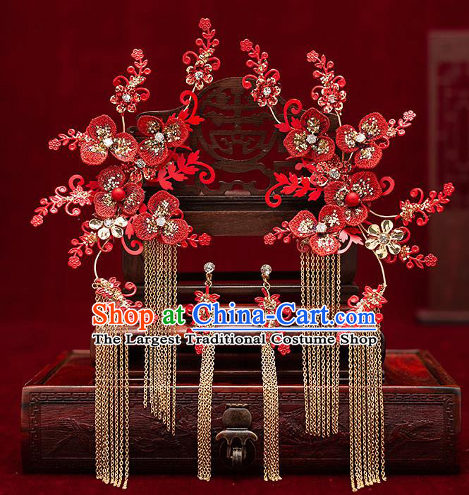 Top Chinese Traditional Wedding Red Flowers Hair Claws Bride Handmade Tassel Hairpins Hair Accessories Complete Set