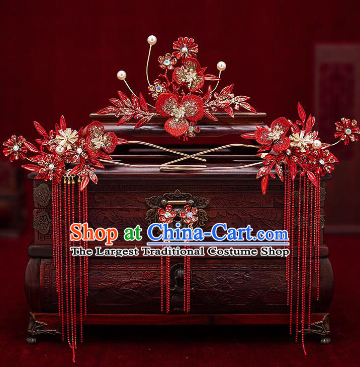 Top Chinese Traditional Wedding Red Flower Hair Comb Bride Handmade Tassel Hairpins Hair Accessories Complete Set
