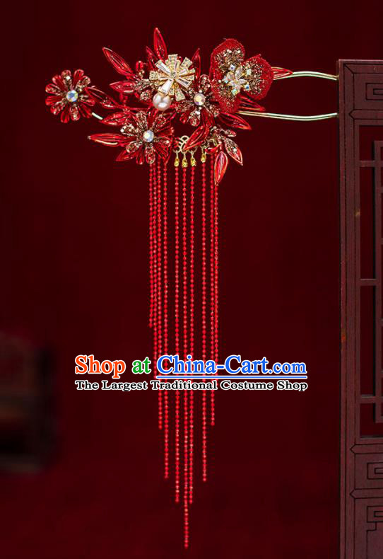 Top Chinese Traditional Wedding Red Flower Hair Comb Bride Handmade Tassel Hairpins Hair Accessories Complete Set
