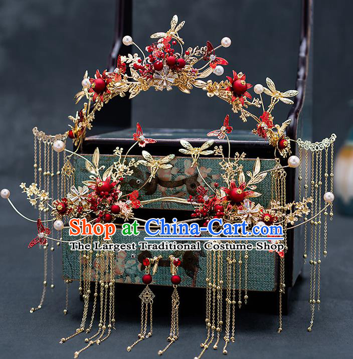 Top Chinese Traditional Wedding Dragonfly Tassel Phoenix Coronet Bride Handmade Hairpins Hair Accessories Complete Set