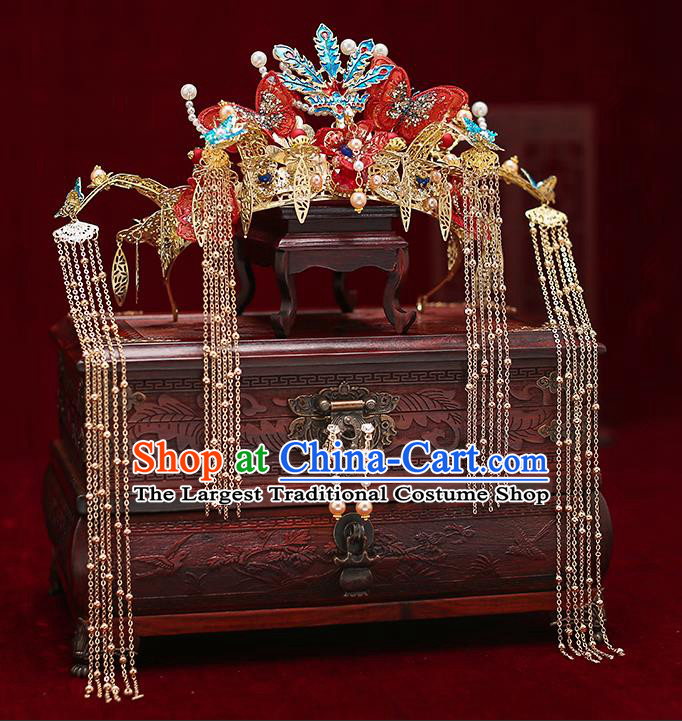 Top Chinese Traditional Wedding Red Butterfly Hair Crown Bride Handmade Hairpins Hair Accessories Complete Set