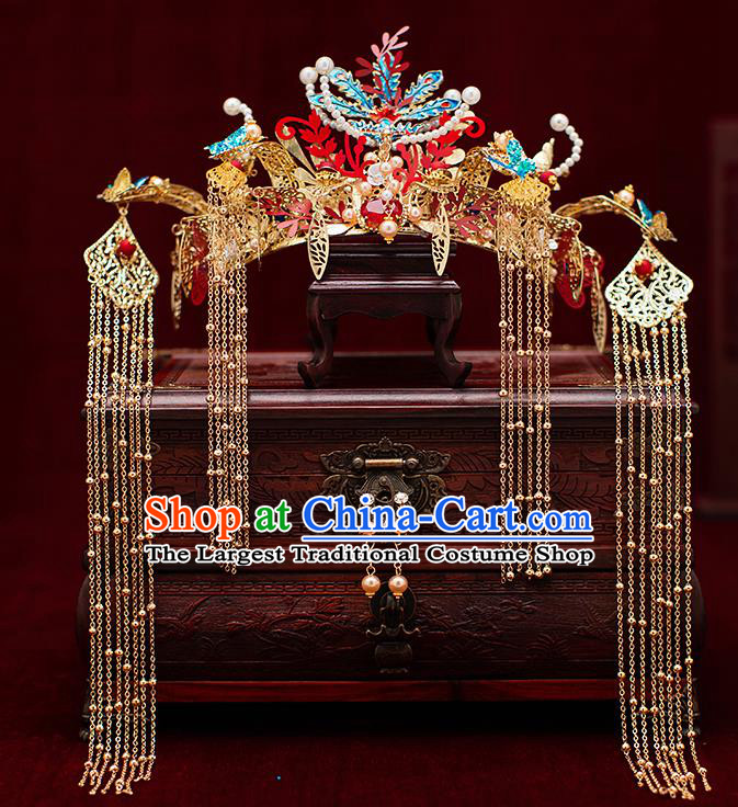 Top Chinese Traditional Wedding Pearls Phoenix Hair Crown Bride Handmade Hairpins Hair Accessories Complete Set