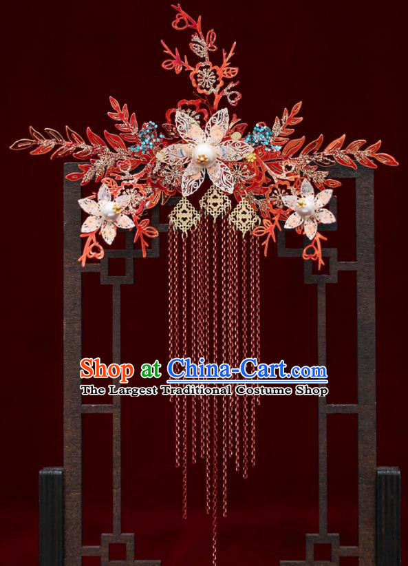 Top Chinese Traditional Wedding Red Leaf Hair Comb Bride Handmade Tassel Hairpins Hair Accessories Complete Set