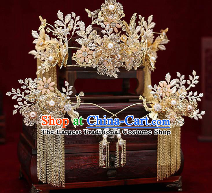 Top Chinese Traditional Wedding Golden Royal Crown Bride Handmade Tassel Hairpins Hair Accessories Complete Set