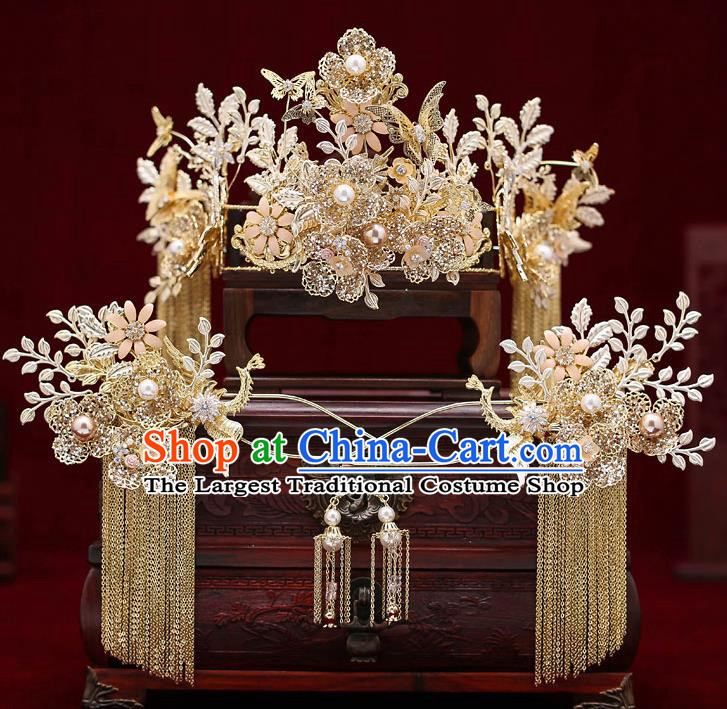 Top Chinese Traditional Wedding Golden Royal Crown Bride Handmade Tassel Hairpins Hair Accessories Complete Set