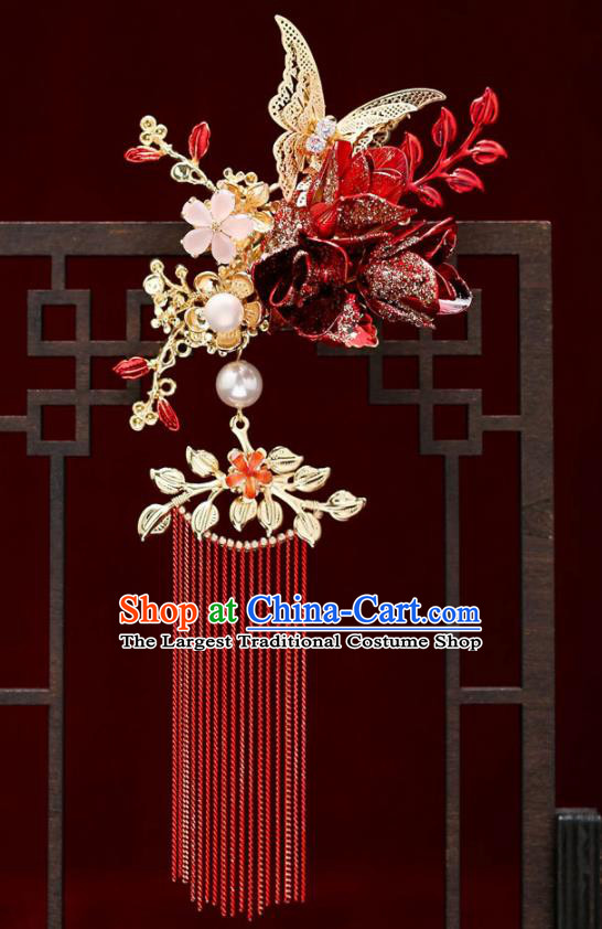 Top Chinese Traditional Wedding Red Tassel Hair Comb Bride Handmade Hairpins Hair Accessories Complete Set