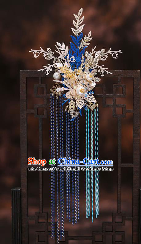 Top Chinese Traditional Wedding Blue Leaf Tassel Hair Comb Bride Handmade Hairpins Hair Accessories Complete Set