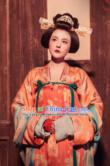 Chinese Drama the Longest Day in Chang An Ancient Tang Dynasty Court Lady Tan Qi Replica Costumes and Headpiece Complete Set