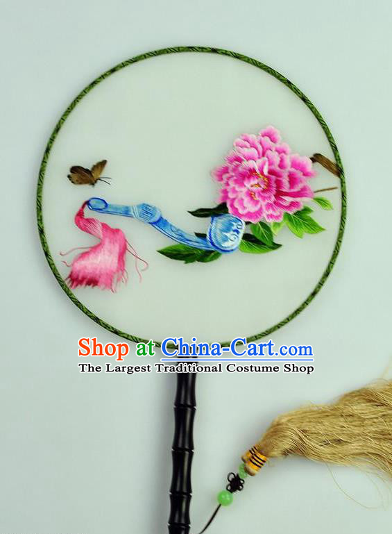 Chinese Traditional Embroidered Peony Silk Fans Craft Handmade Su Embroidery Palace Fan Round Fan