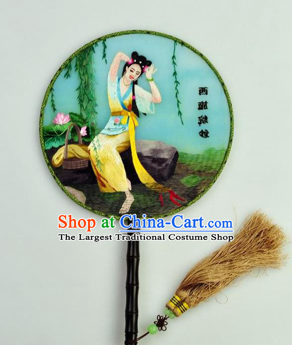 Chinese Traditional Embroidered Beauty Xi Shi Silk Fans Craft Handmade Su Embroidery Palace Fan Round Fan