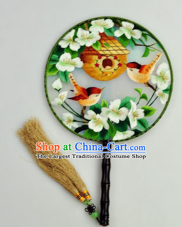 Chinese Traditional Embroidered Flowers Bird Silk Fans Craft Handmade Su Embroidery Palace Fan Round Fan