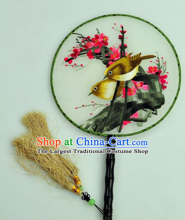 Chinese Traditional Embroidered Silk Fans Craft Handmade Su Embroidery Plum Birds Palace Fan Round Fan