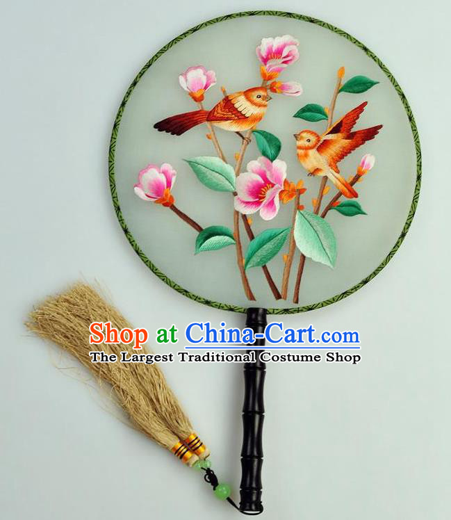Chinese Traditional Embroidered Silk Fans Craft Handmade Su Embroidery Flowers Birds Palace Fan Round Fan