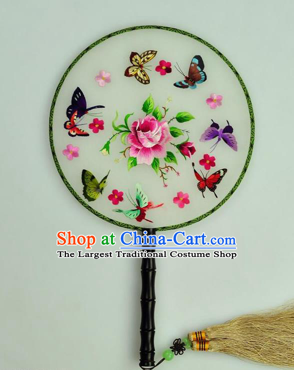 Chinese Traditional Embroidered Butterfly Silk Fans Craft Handmade Su Embroidery Rose Palace Fan Round Fan