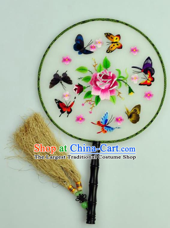 Chinese Traditional Embroidered Butterfly Silk Fans Craft Handmade Su Embroidery Rose Palace Fan Round Fan