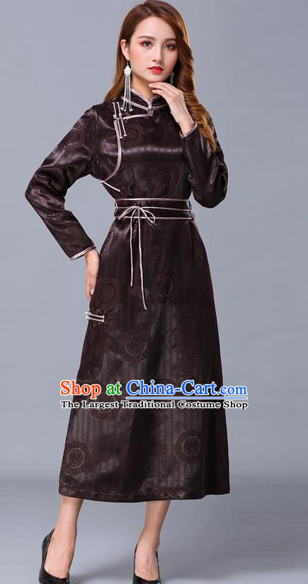 Chinese Traditional Mongolian Nationality Brown Satin Dress Mongol Ethnic Stage Show Costume for Women