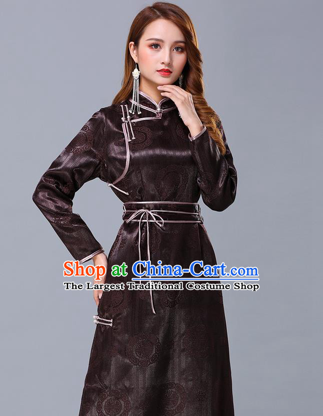 Chinese Traditional Mongolian Nationality Brown Satin Dress Mongol Ethnic Stage Show Costume for Women