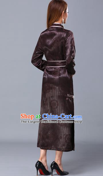 Chinese Traditional Mongolian Nationality Brown Satin Dress Mongol Ethnic Stage Show Costume for Women