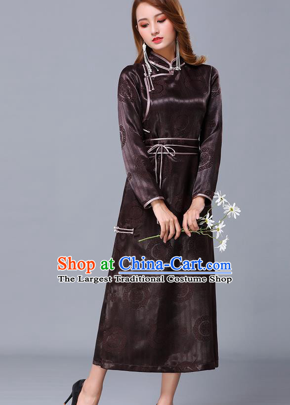 Chinese Traditional Mongolian Nationality Brown Satin Dress Mongol Ethnic Stage Show Costume for Women