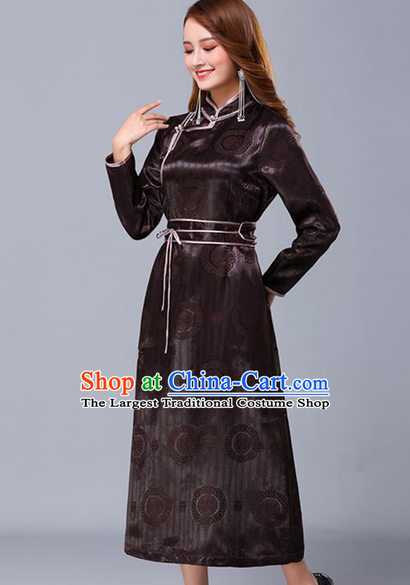 Chinese Traditional Mongolian Nationality Brown Satin Dress Mongol Ethnic Stage Show Costume for Women