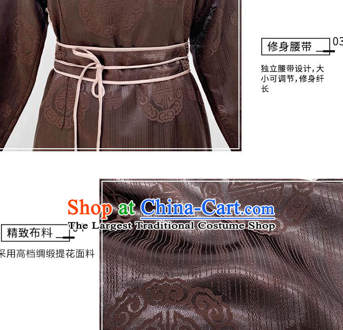 Chinese Traditional Mongolian Nationality Brown Satin Dress Mongol Ethnic Stage Show Costume for Women