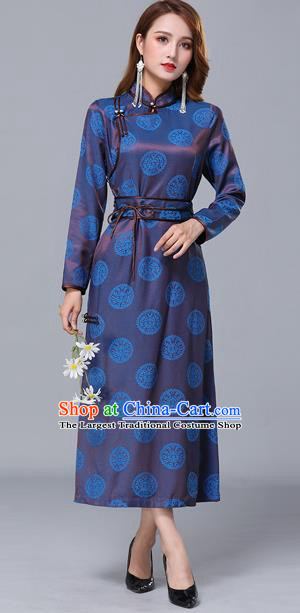 Chinese Traditional Mongolian Nationality Blue Satin Dress Mongol Ethnic Stage Show Costume for Women