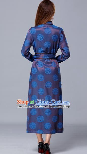 Chinese Traditional Mongolian Nationality Blue Satin Dress Mongol Ethnic Stage Show Costume for Women