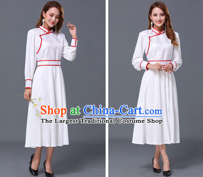 Chinese Traditional Mongolian Nationality White Dress Minority Garment Mongol Ethnic Stand Collar Costume for Women