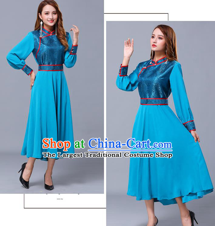 Chinese Traditional Mongolian Nationality Blue Dress Minority Garment Mongol Ethnic Stand Collar Costume for Women