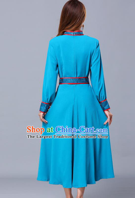 Chinese Traditional Mongolian Nationality Blue Dress Minority Garment Mongol Ethnic Stand Collar Costume for Women